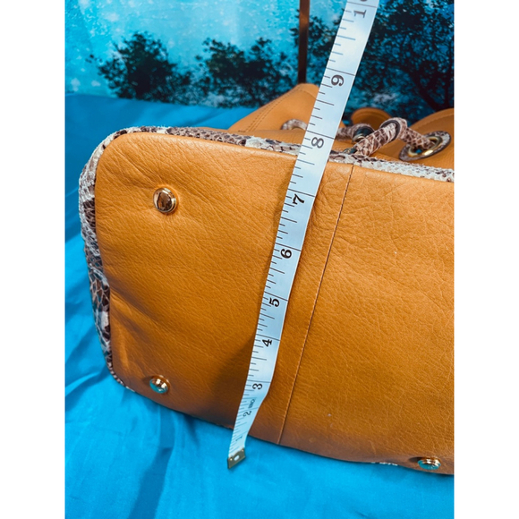 B Makowsky Tan Leather Bucket Bag Alligator Trim & Leopard Lining Ex Condition - Picture 15 of 16